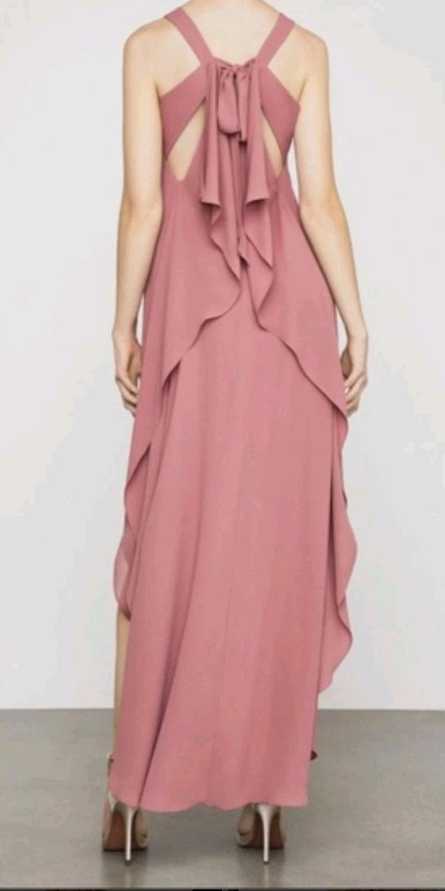 NWT BCBG MAXAZRIA SIZE S DACEY ROSE BACK CASCADE RUFFLE HIGH-LOW DRESS MRP $268