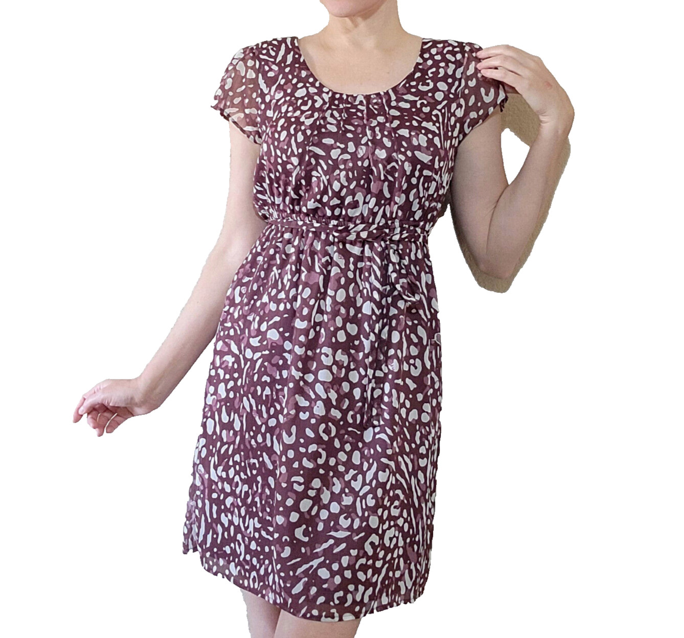Merona Dress Womens Small Brown Red Pullover Cap Sleeve Animal Print Pattern