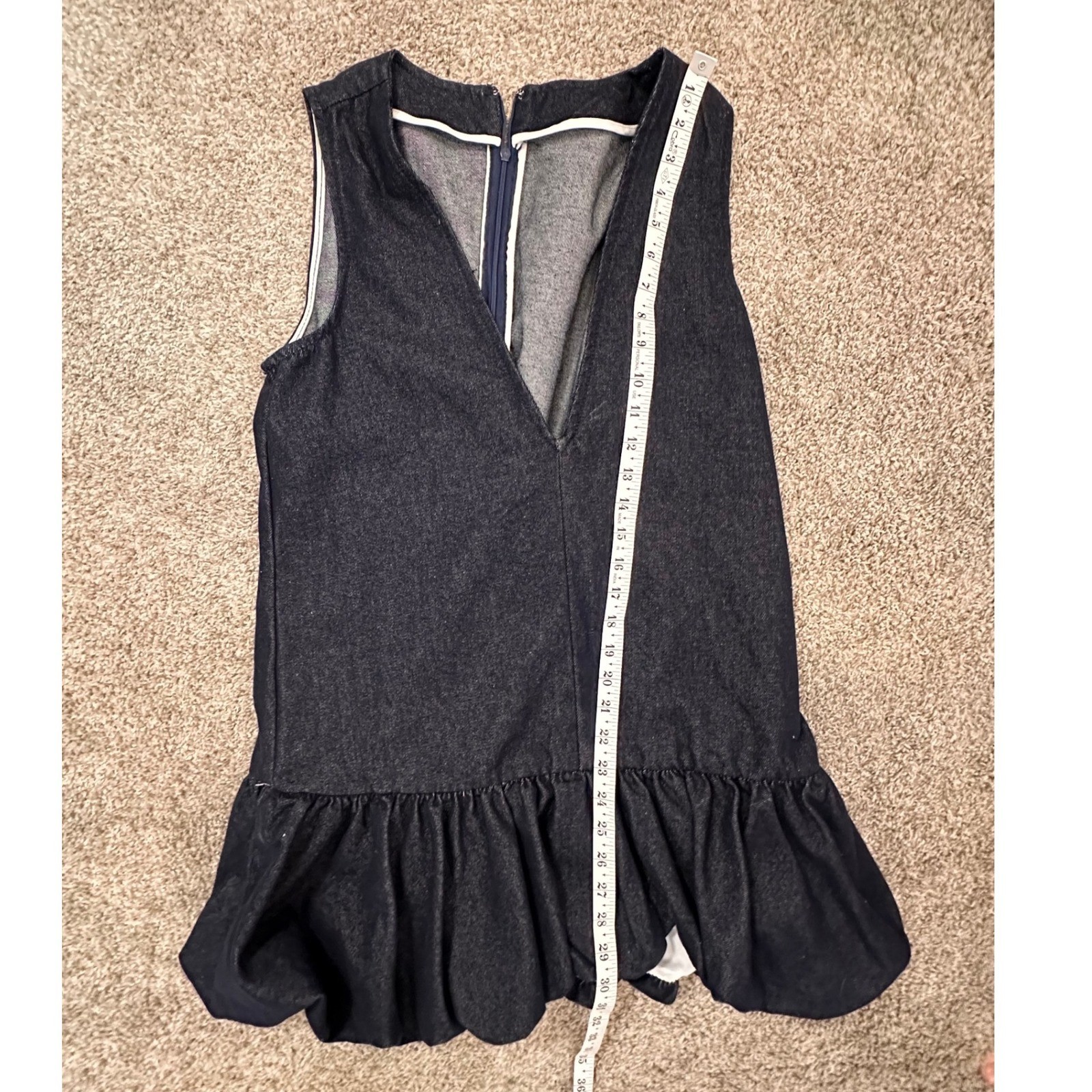 Dark Denim Bubble Hem Mini Dress Sleeveless Deep V-Neck Drop Waist Balloon Dress