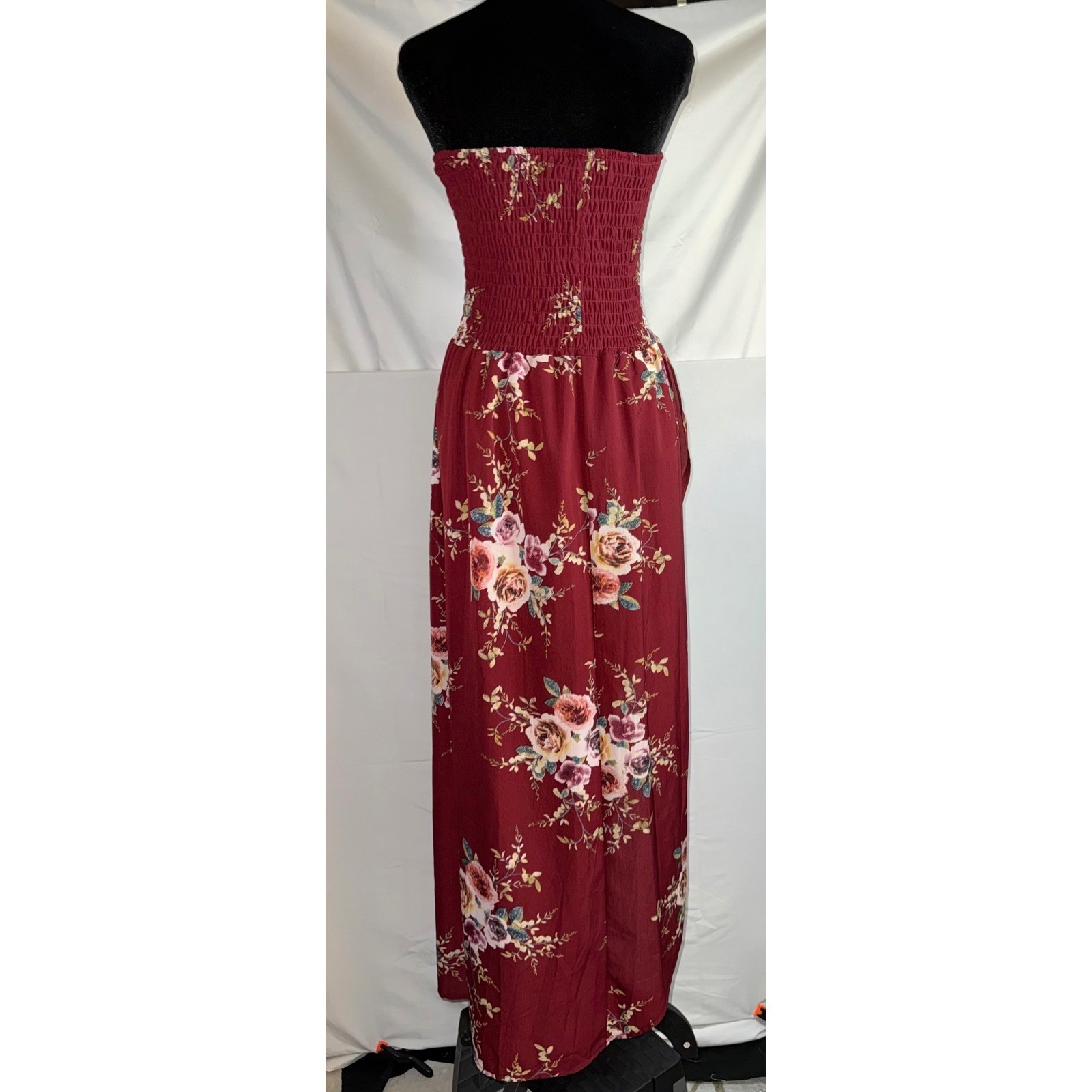 Burgundy Floral Smocked Strapless High Low Maxi Dress Wine Boho Tulip Hem
