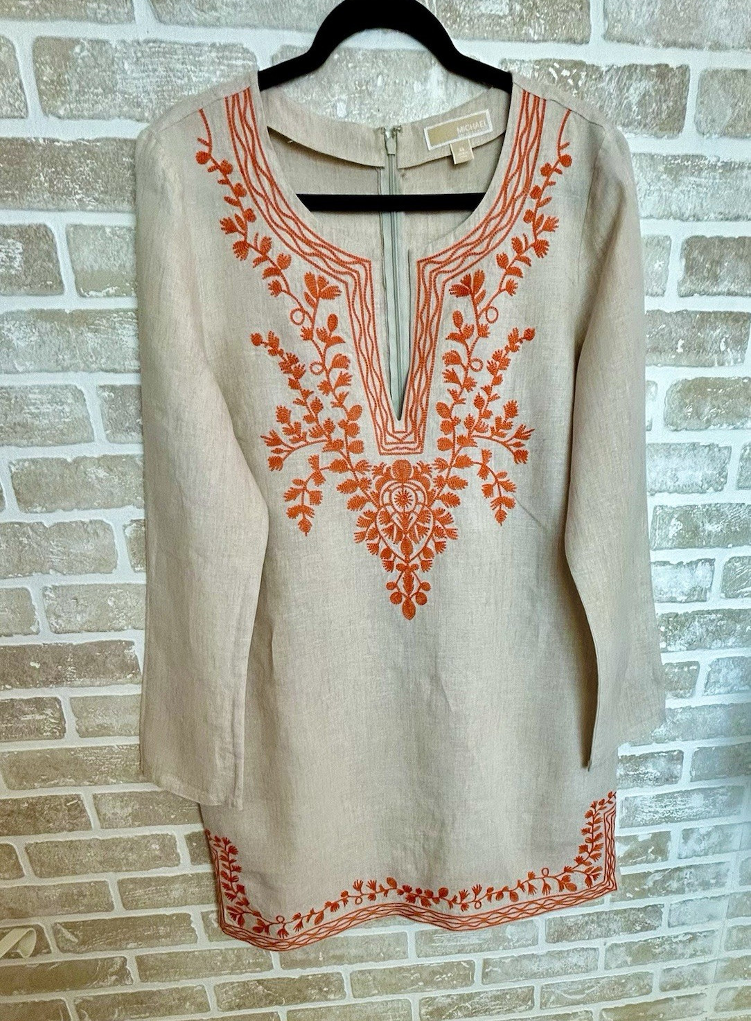 Michael Michael Kors Beige Orange Floral Embroidered Zip Short Dress XL