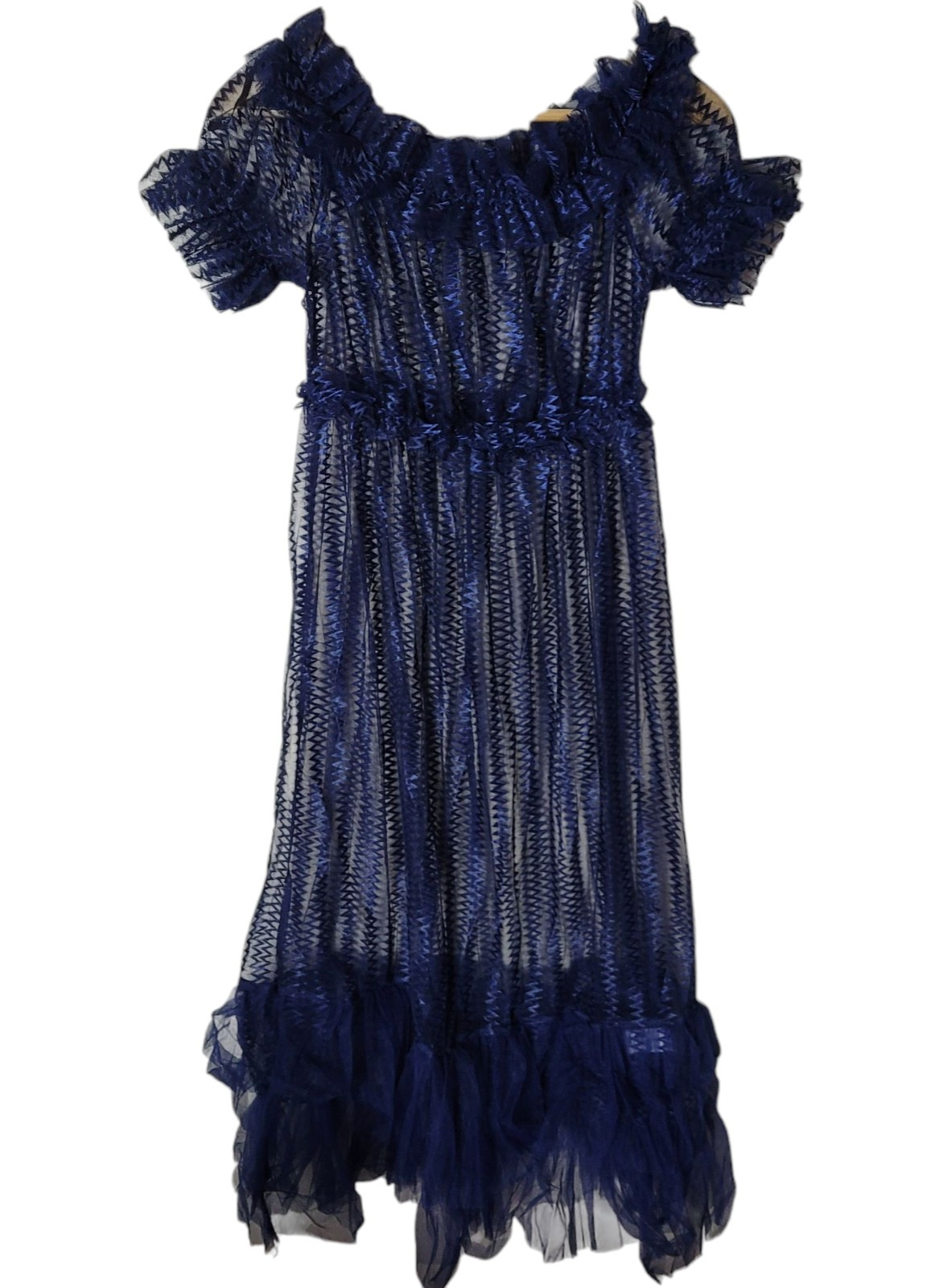 Blue See through Mesh Ruffle Off Shoulder Pleated Midi Dress Top Beach Cover Up