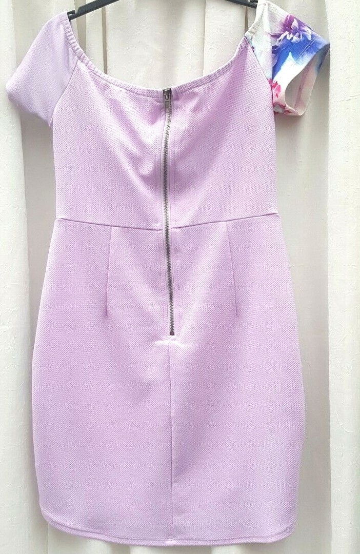 Size 10, light purple, crossover front, shaped hem body con dress Ginger Fizz