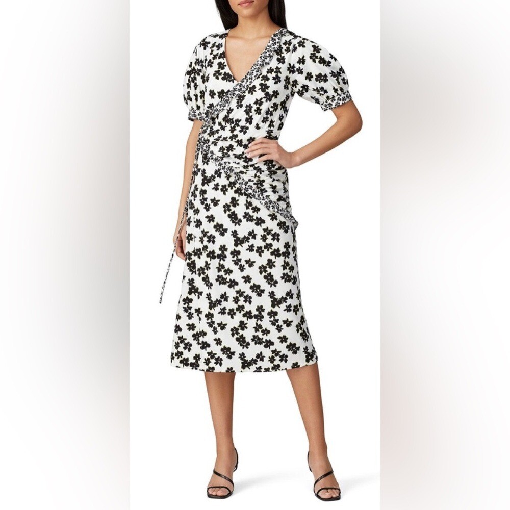 NWT Love Whit Floral Midi Black and White Wrap Dress with Puffy Sleeves – S