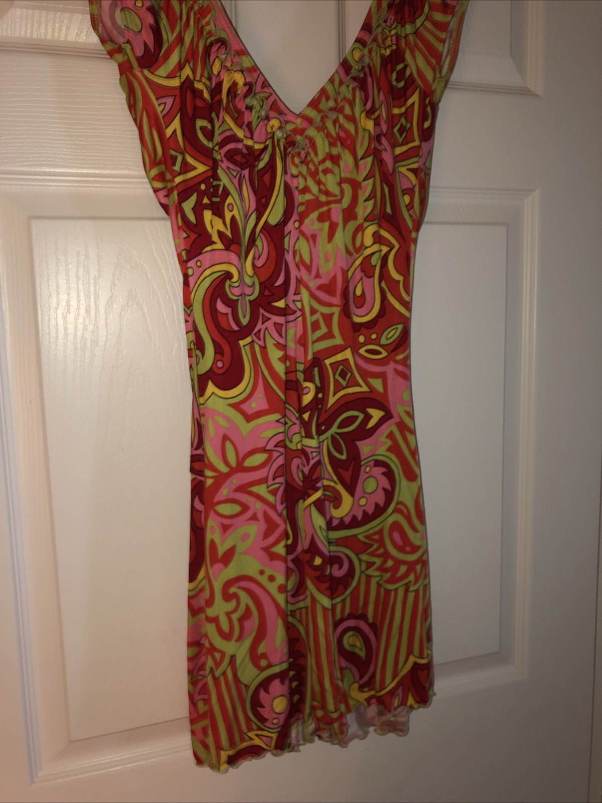 NWOT Moda International Psychedelic Multicolor Silky Jersey Lace Up Dress Sz XS