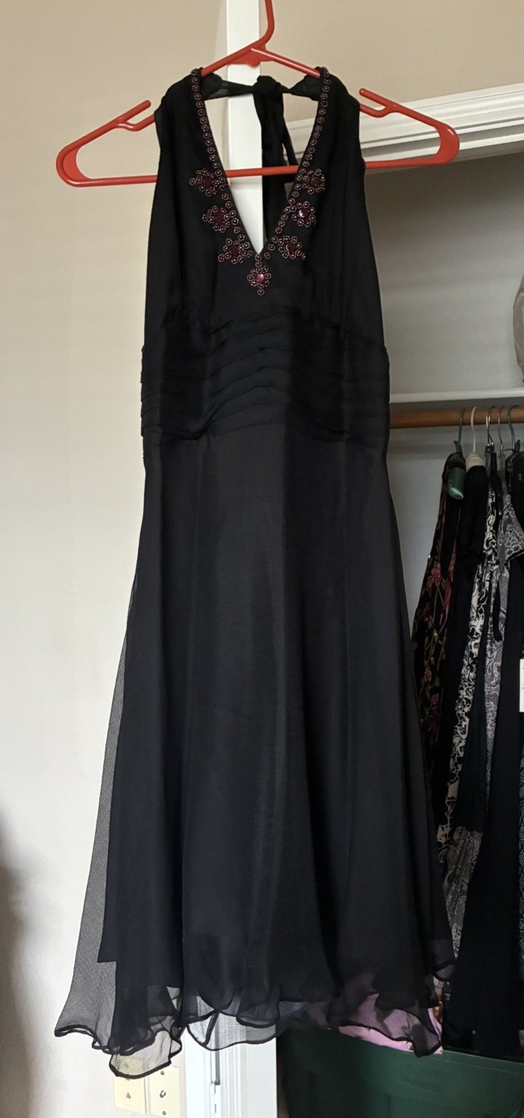 Signature by Robbie Bee Black Beaded Halter Chiffon A-Line Midi Dress 10P