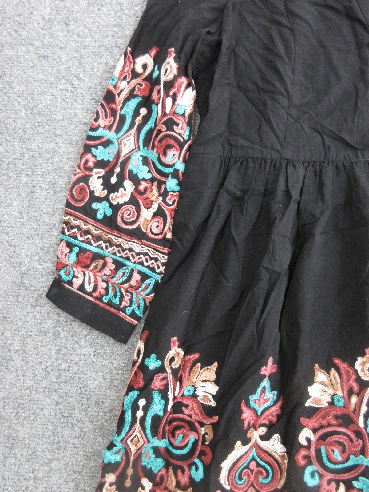 Floret Dress Womens Petite Small Black Embroidered Boho Trapeze Long Sleeve