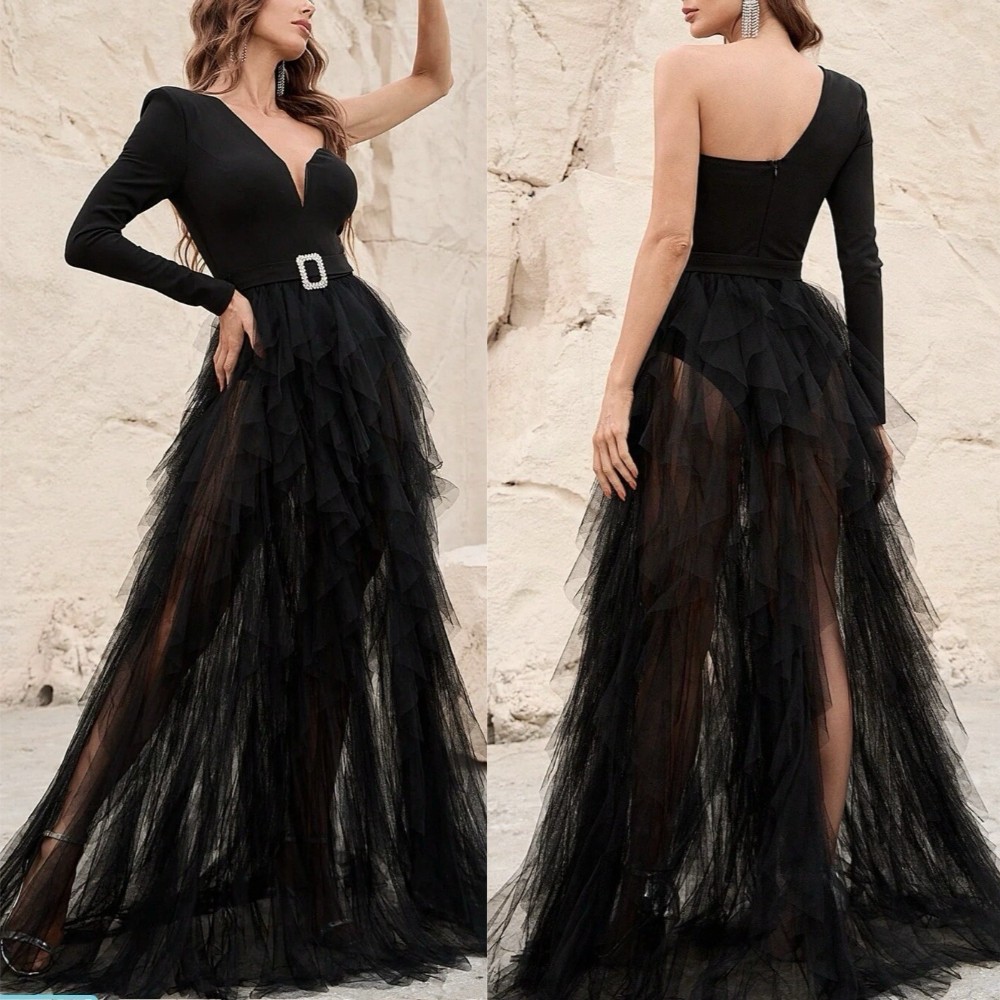 Black One Shoulder Tulle Prom Gowns Deep V Sheer Ruffled Long Formal Dresses