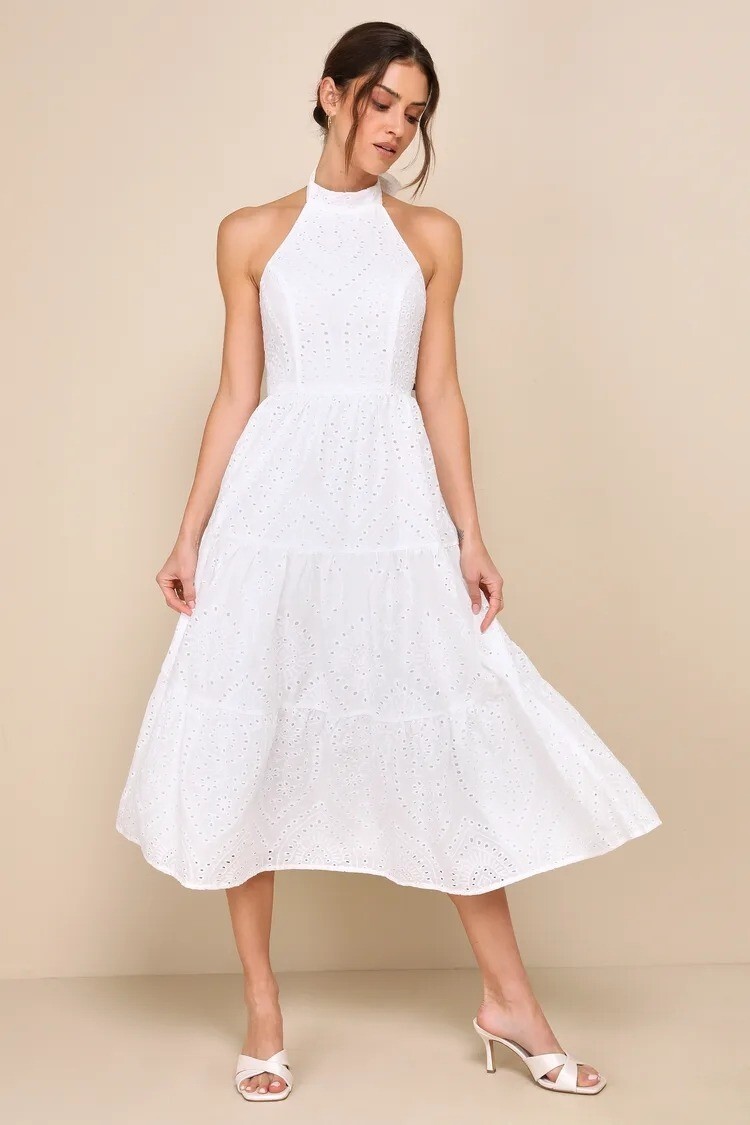 Lulus S White Eyelet Halter Maxi Dress Smocked Back Tie Closure Cotton