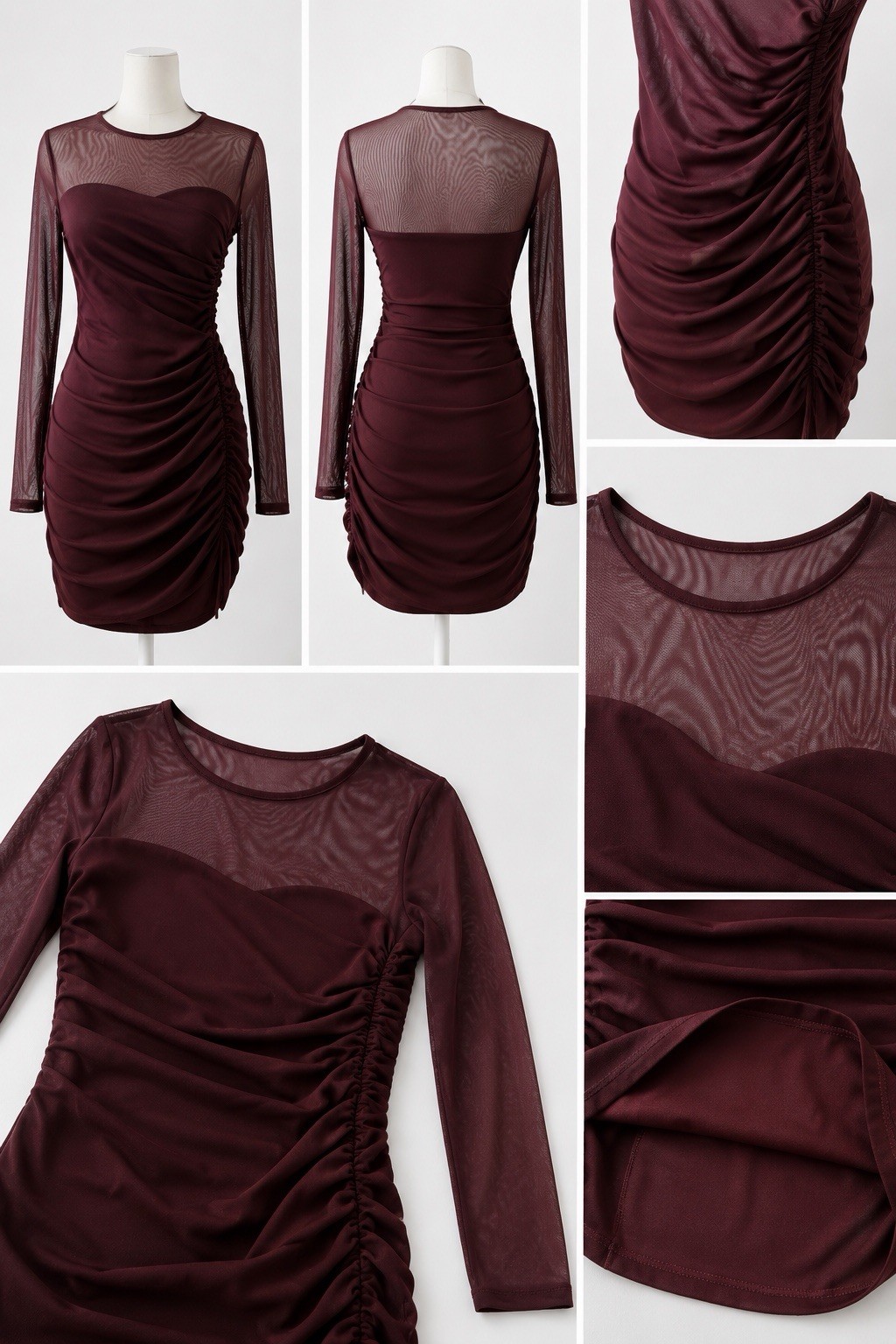 Women’s Burgundy Sheer Mesh Ruched Bodycon Mini Dress Long Sleeve Size S