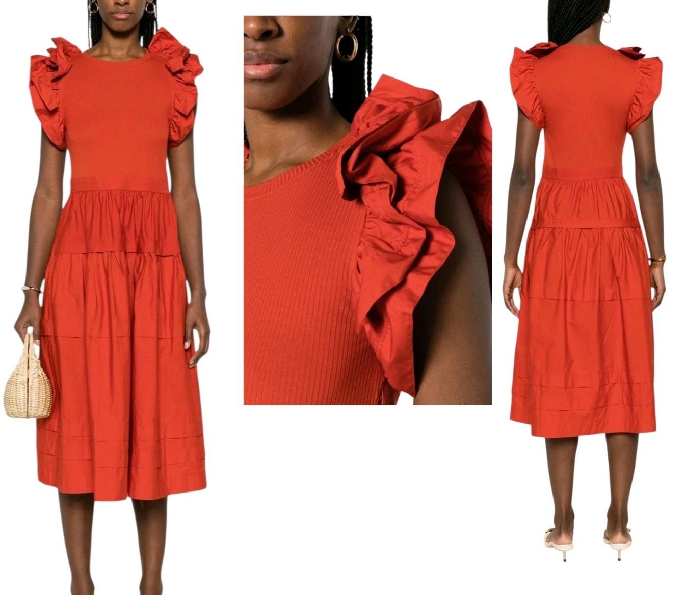 $650 Ulla Johnson Francine Midi Dress Carnelian Ruffle Sleeve Cotton Sz 8 Pocket