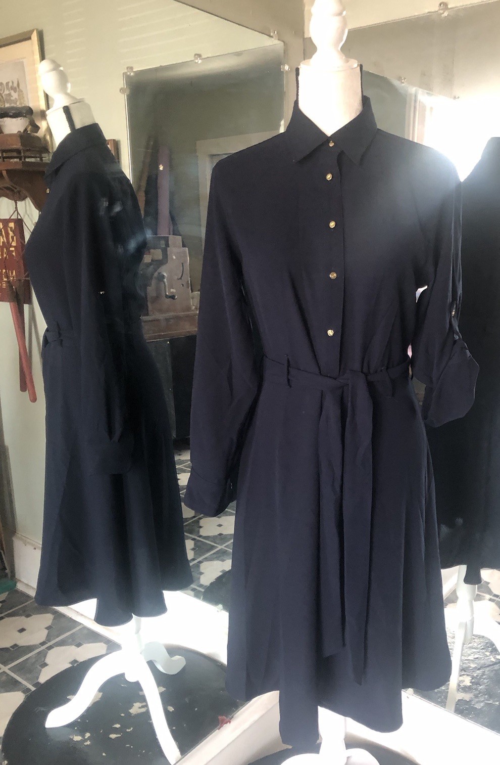 Lauren Ralph Women Navy Belted Logo Jacquard Gold Button Down Long Dress Size 4