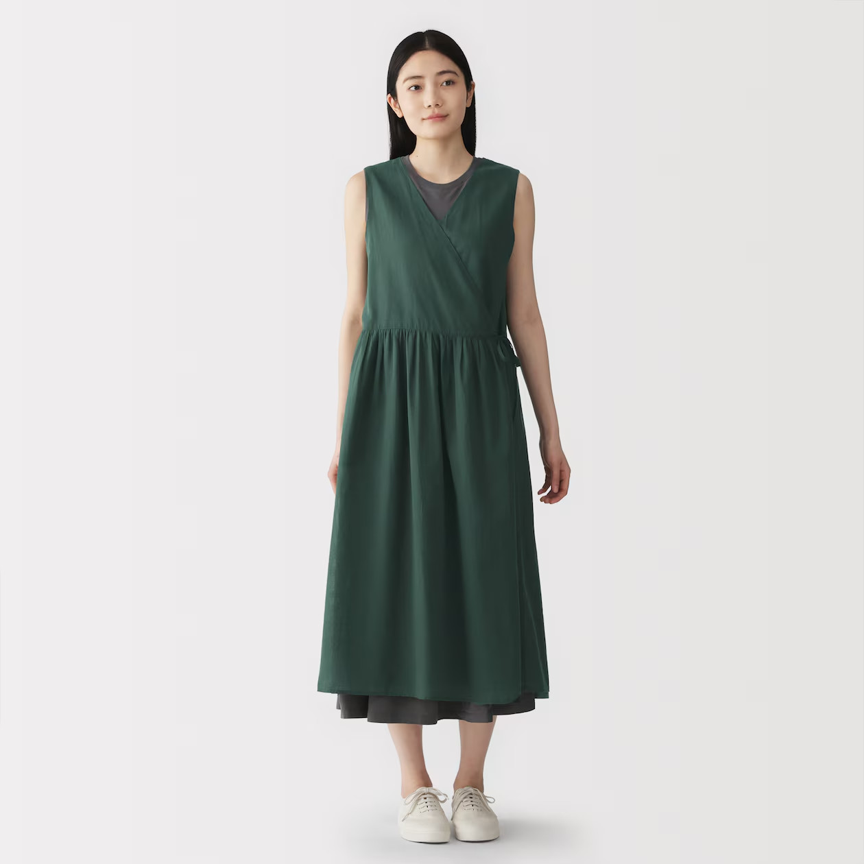 MUJI Womens 100% Organic High-Twist Cotton Kimono Sheer Dress Dark Green FedEx