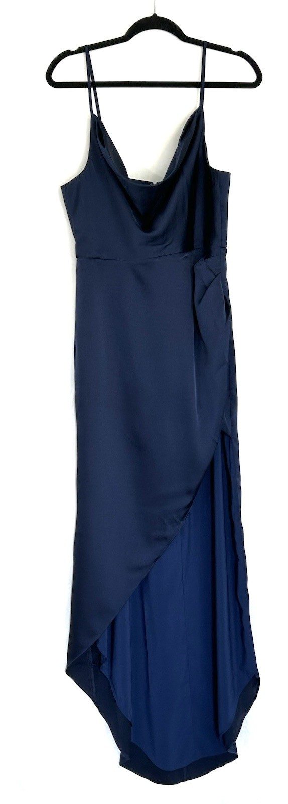 NWT NBD Lila/Shelby Navy Dress SzLarge Cowl Neck High Slit Draped Hi/Low Hemline
