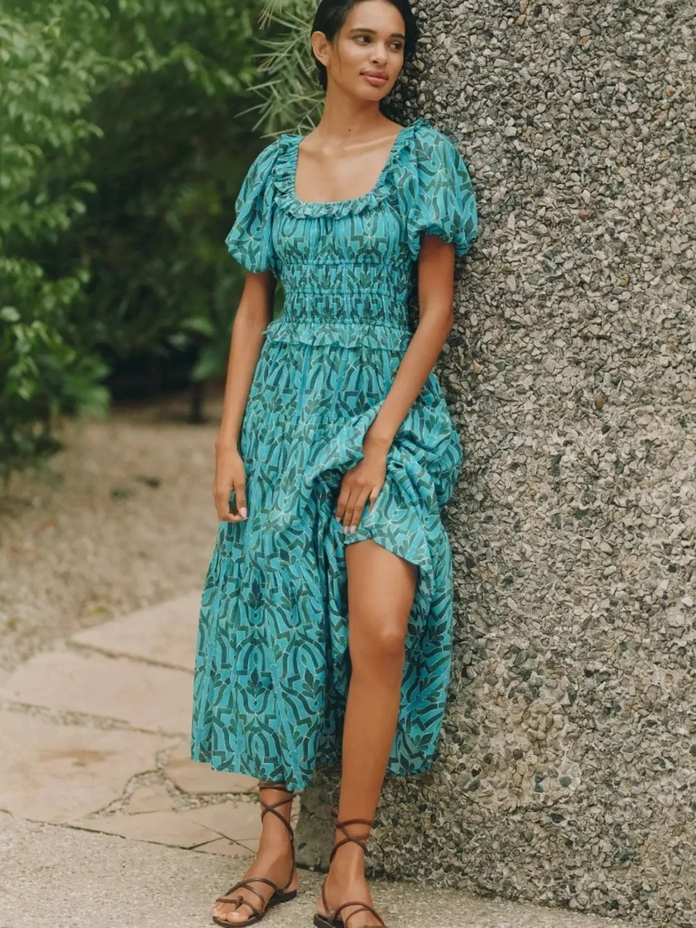 Anthropologie Ro’s Garden Percy Puff-Sleeve Midi Dress in Blue Green Pattern NWT