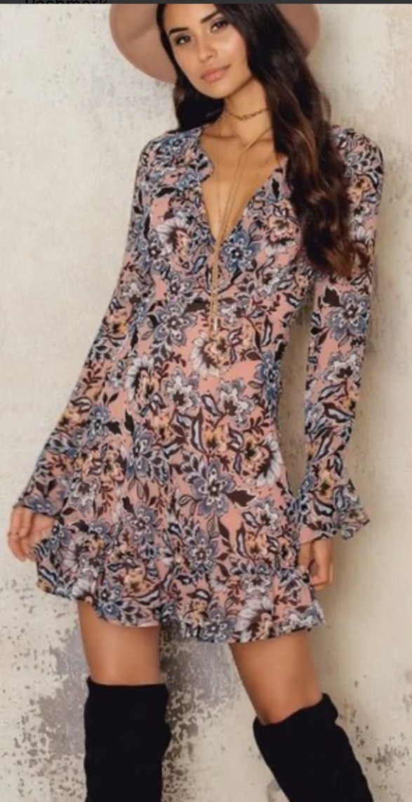 For Love and Lemons Pink Black Floral Long Bell Sleeve Gracie Mini Dress Sz. M