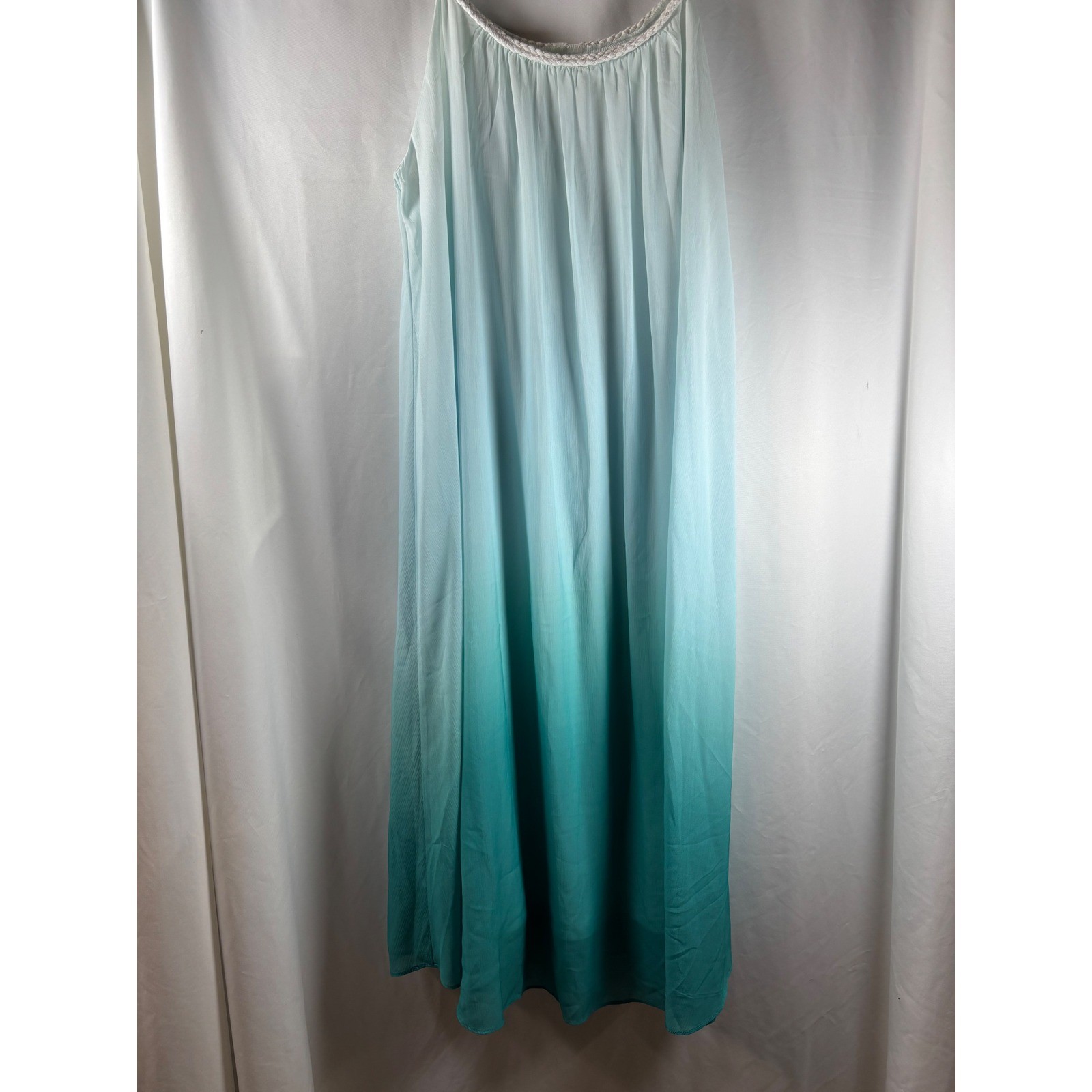 Indigo Soul Womens Small Teal White Ombre Braided Neckline Maxi Dress Sleeveless