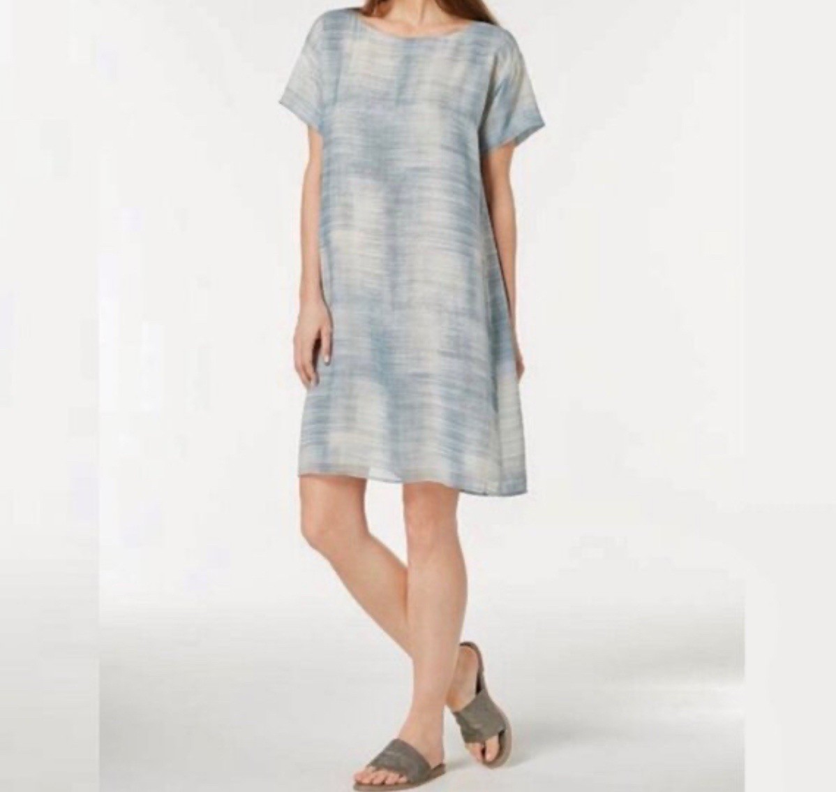 Eileen Fisher 100% Silk Bateau Neck Short-Sleeve Shift Dress Size Medium