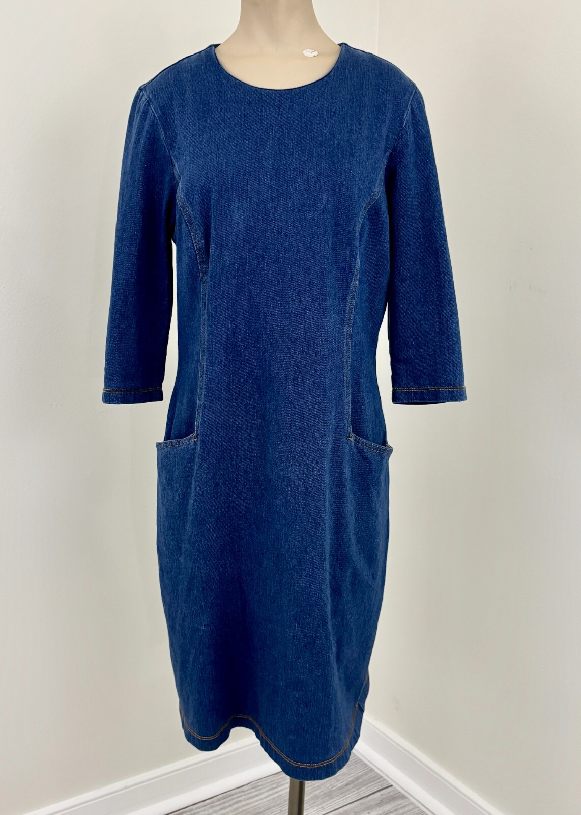 J MCLAUGHLIN CATALYST Women Sz Medium Dark Denim Pocket 3/4 Sleeve Stretch Dress