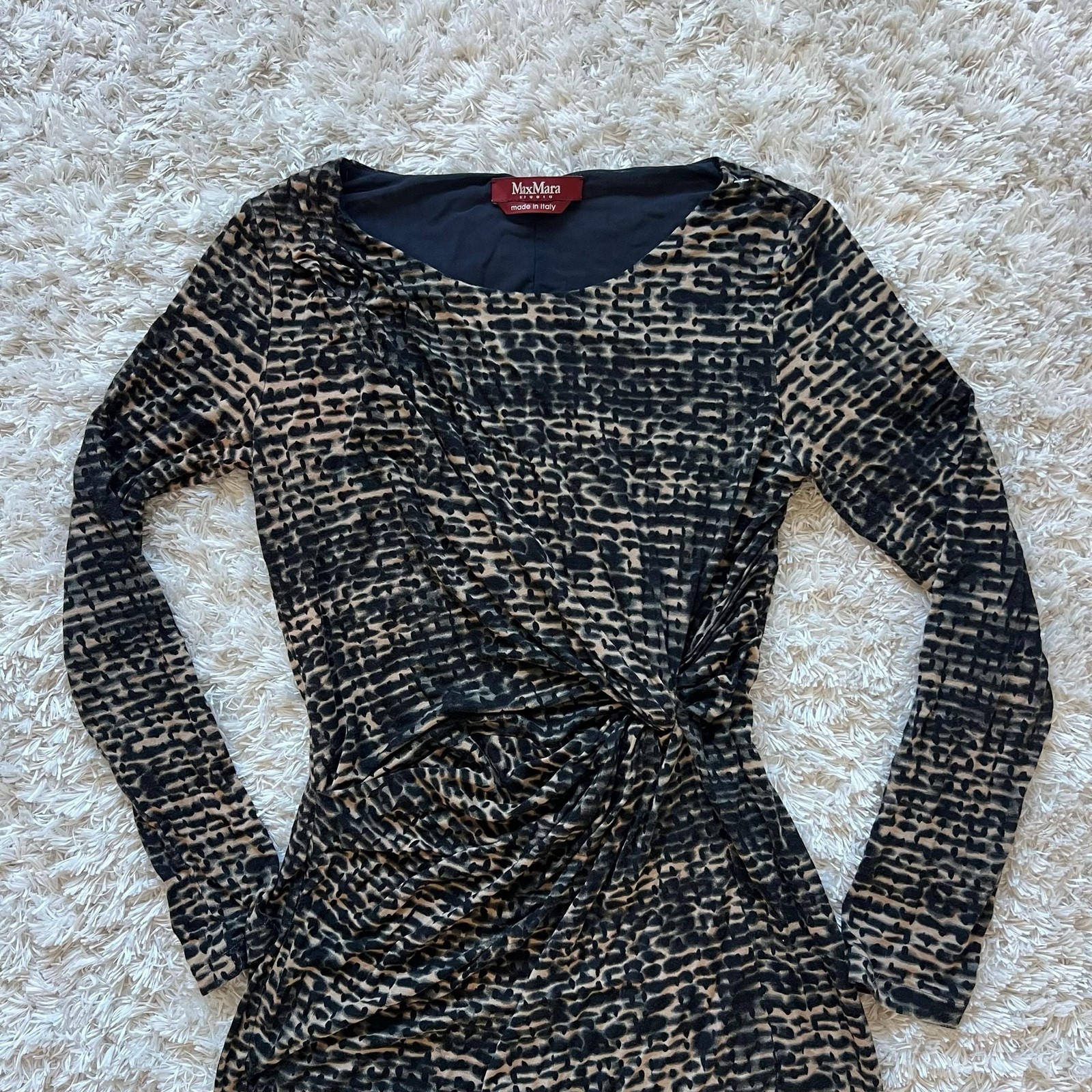 MaxMara Studio Long Sleeve Ruched Leopard Print Large Jersey Dress Made in Italy