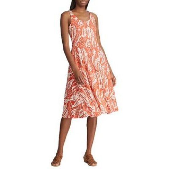 NEW CHAPS ORANGE WHITE FLORAL FLARE MIDI COTTON DRESS SIZE PXL PETITE XL