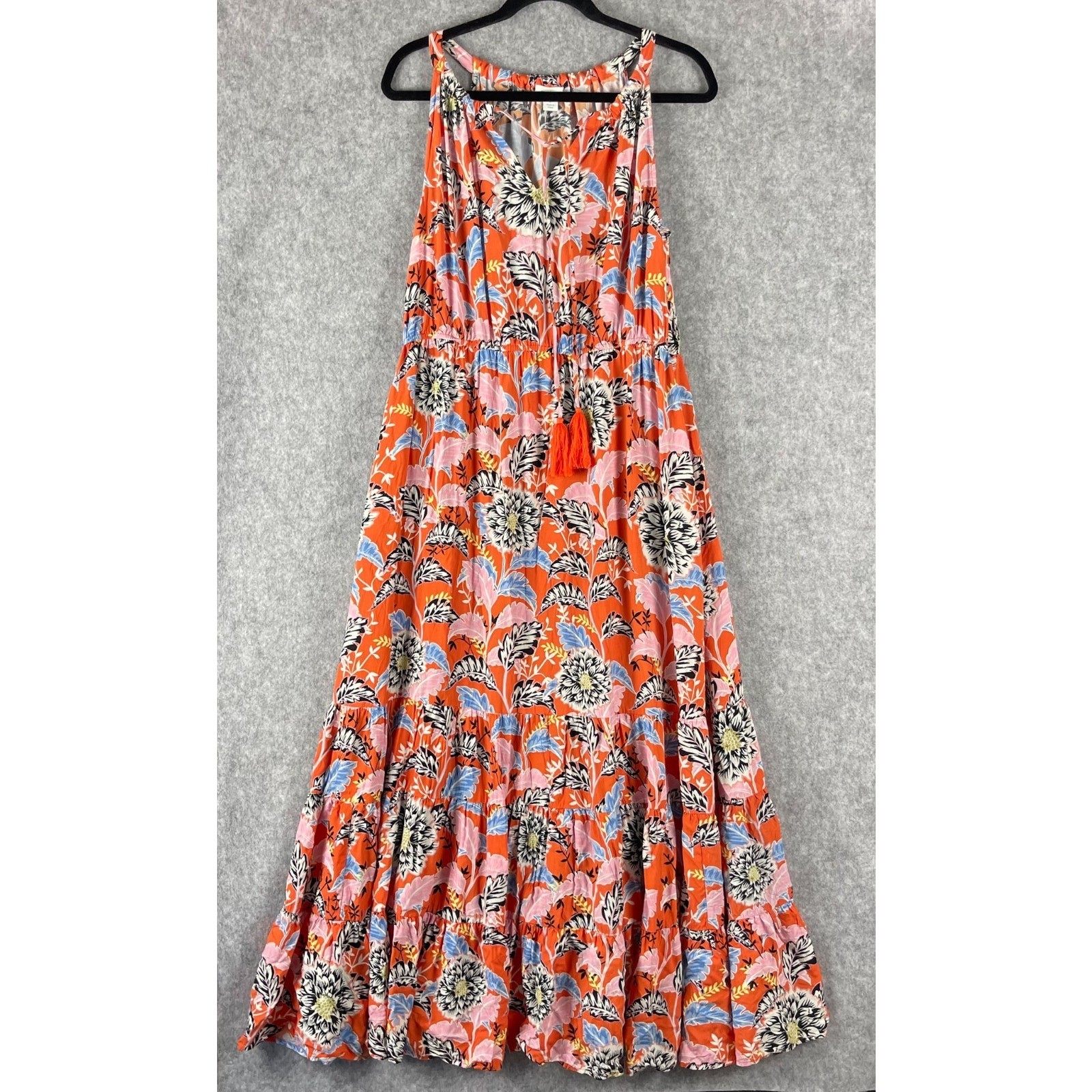 Sundance Tiered Maxi Dress Womens Large Floral Tassel Sleeveless Rayon Hawaiian