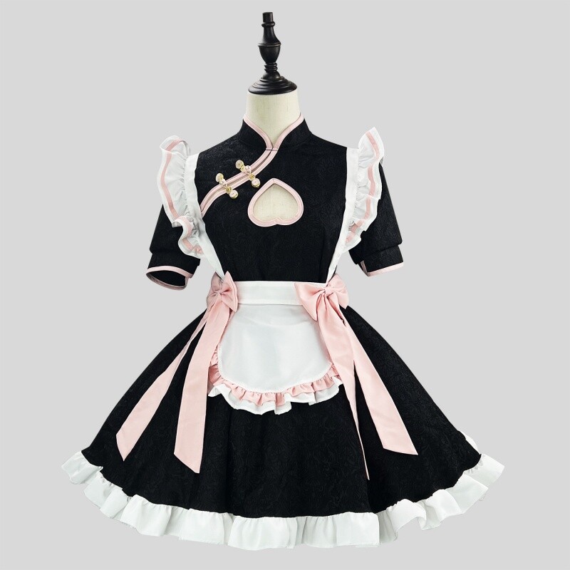 Womens Maid Uniform Short Sleeve Chinese Cheongsam Apron Dress