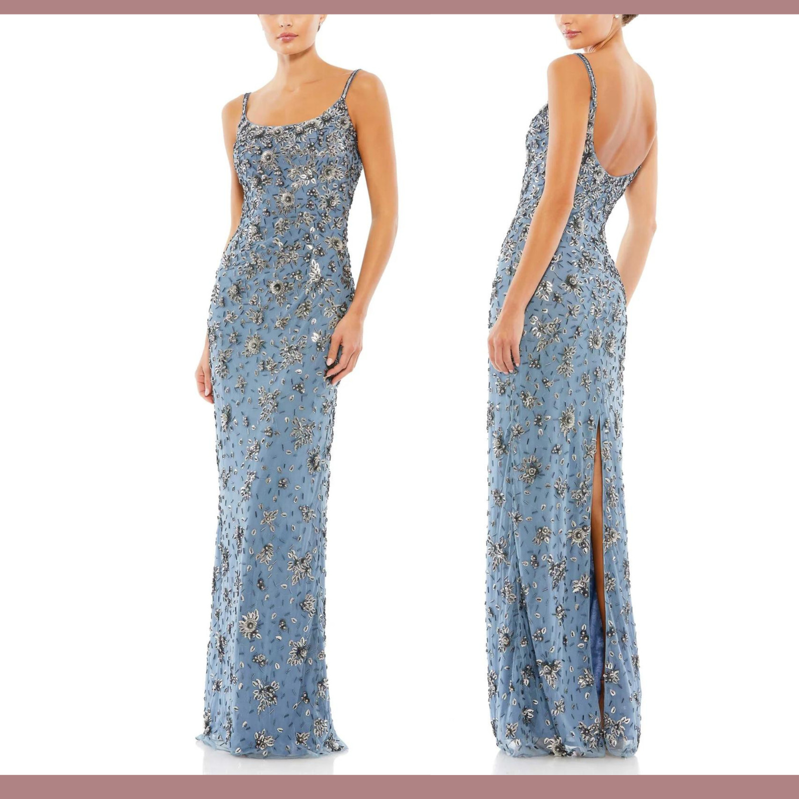 NWT Mac Duggal [ 4 ] 5477 Floral Embellished Scoop Neck Gown Slate Blue #S1248