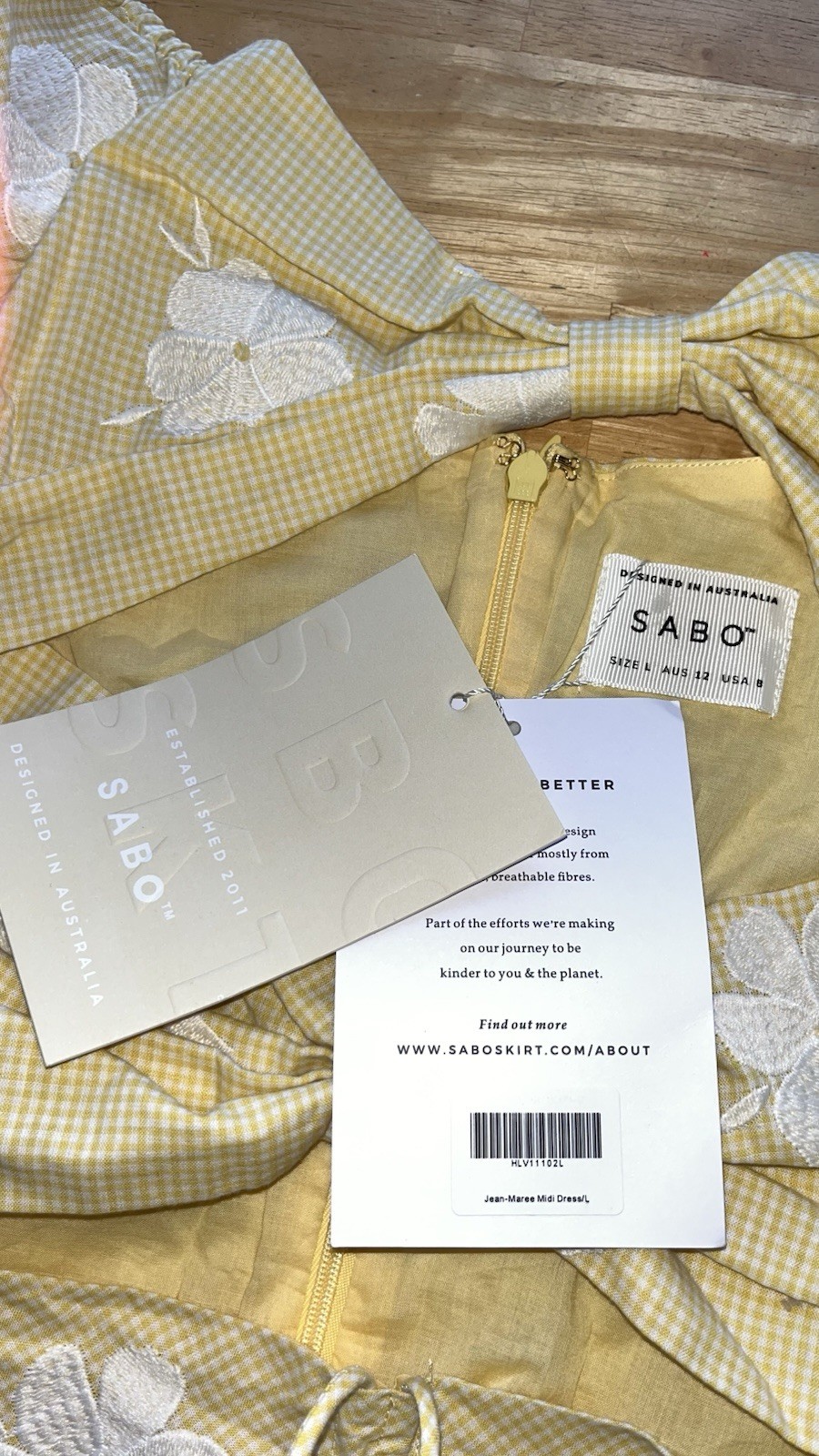 NWT SABO Jean-Maree Yellow Gingham Floral Cut Out Middle Midi Dress-Sz Large NEW