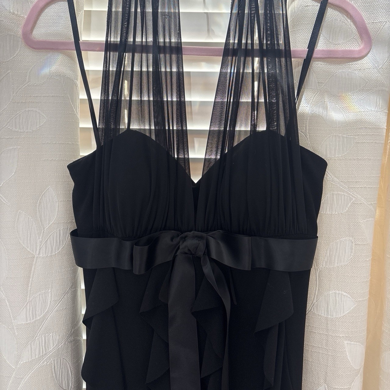 Betsy & Adam Black Chiffon Sweetheart Strappy Bow Sheath Dress Size 8