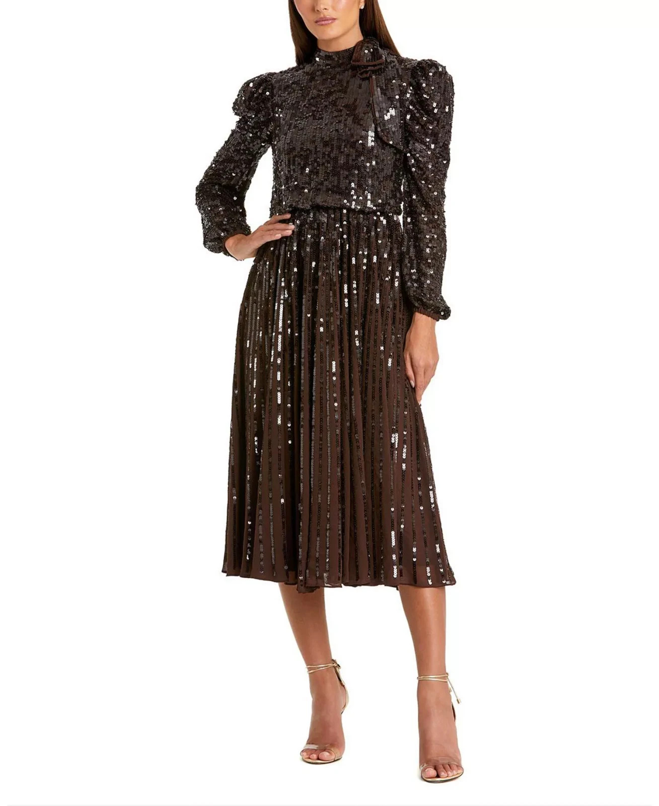 Mac Duggal Dark Chocolate Brown Long Sleeve Tea Length Sequin Dress Size 16 $598