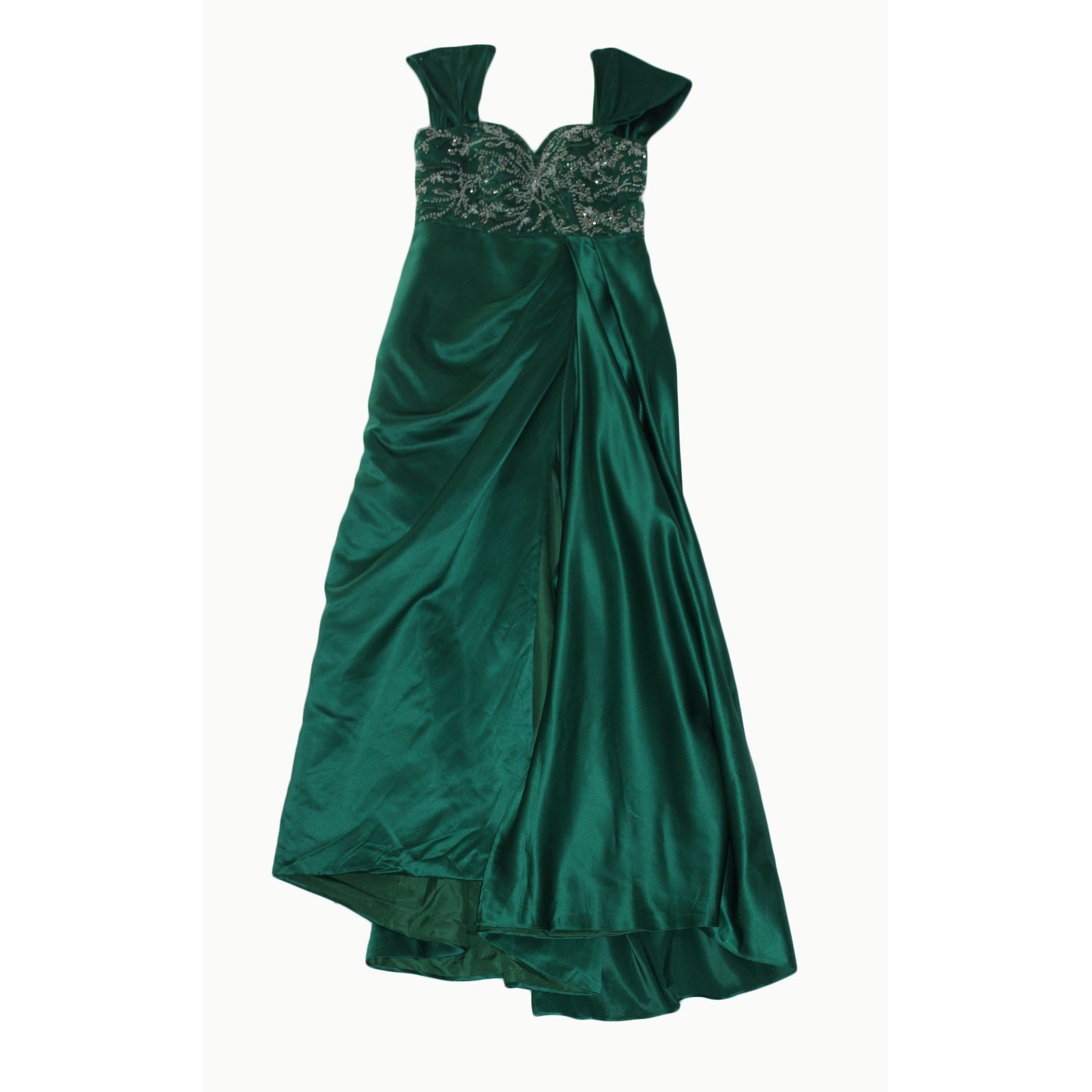 Ryanth Emerald Green Beaded Satin Evening Gown Corset Back High Slit Size 10