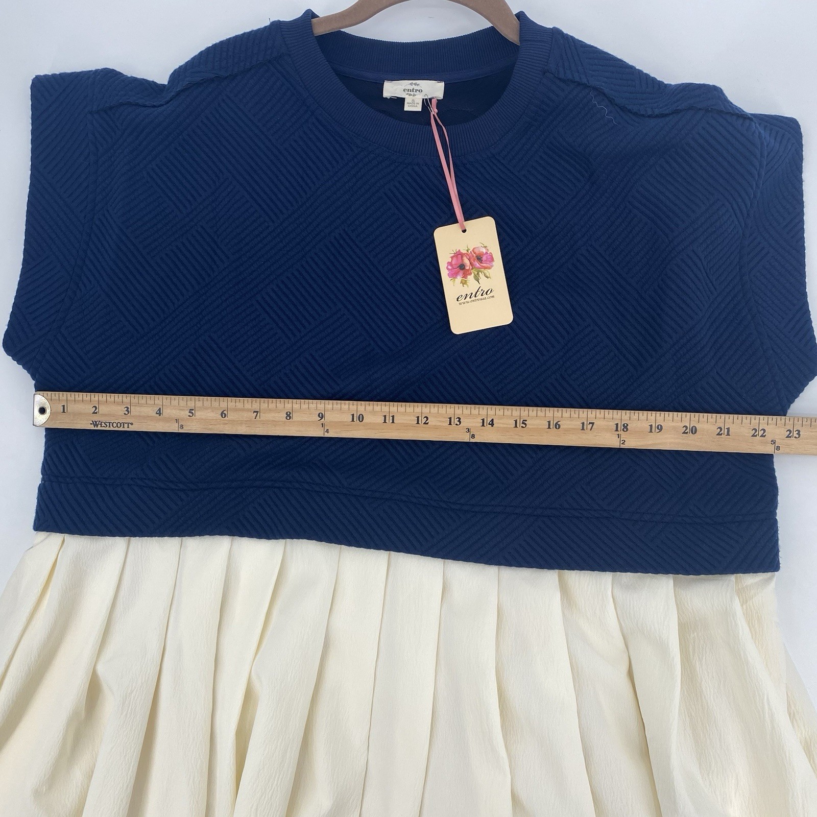 Entro Size Small Blue Textured Pullover Mini Pleated Sweatshirt Tiered Dress NWT
