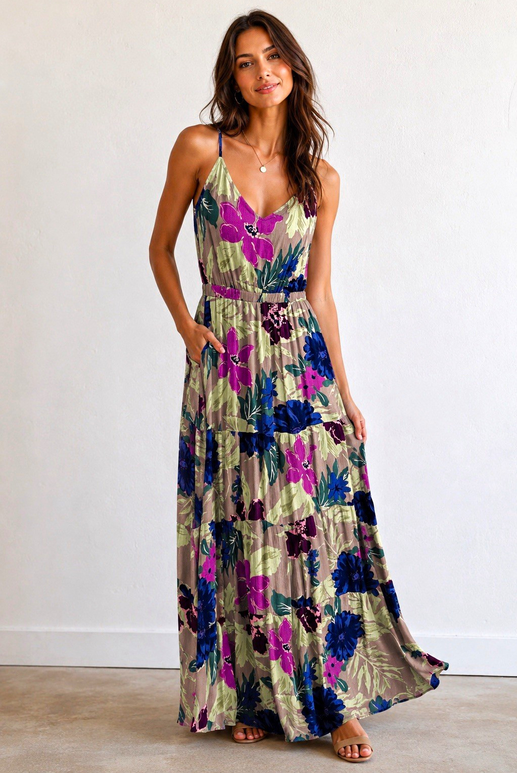 Rokoko Women’s M Green Purple Blue Floral V-Neck Strappy Lined Maxi Dress
