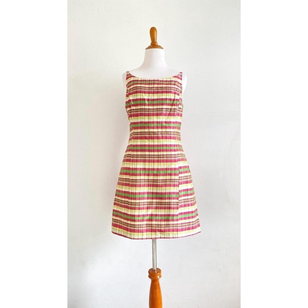 Vintage 90s Y2K Esprit Silk Slip Mini Dress Pastel Madras Plaid Retro Prep NOS