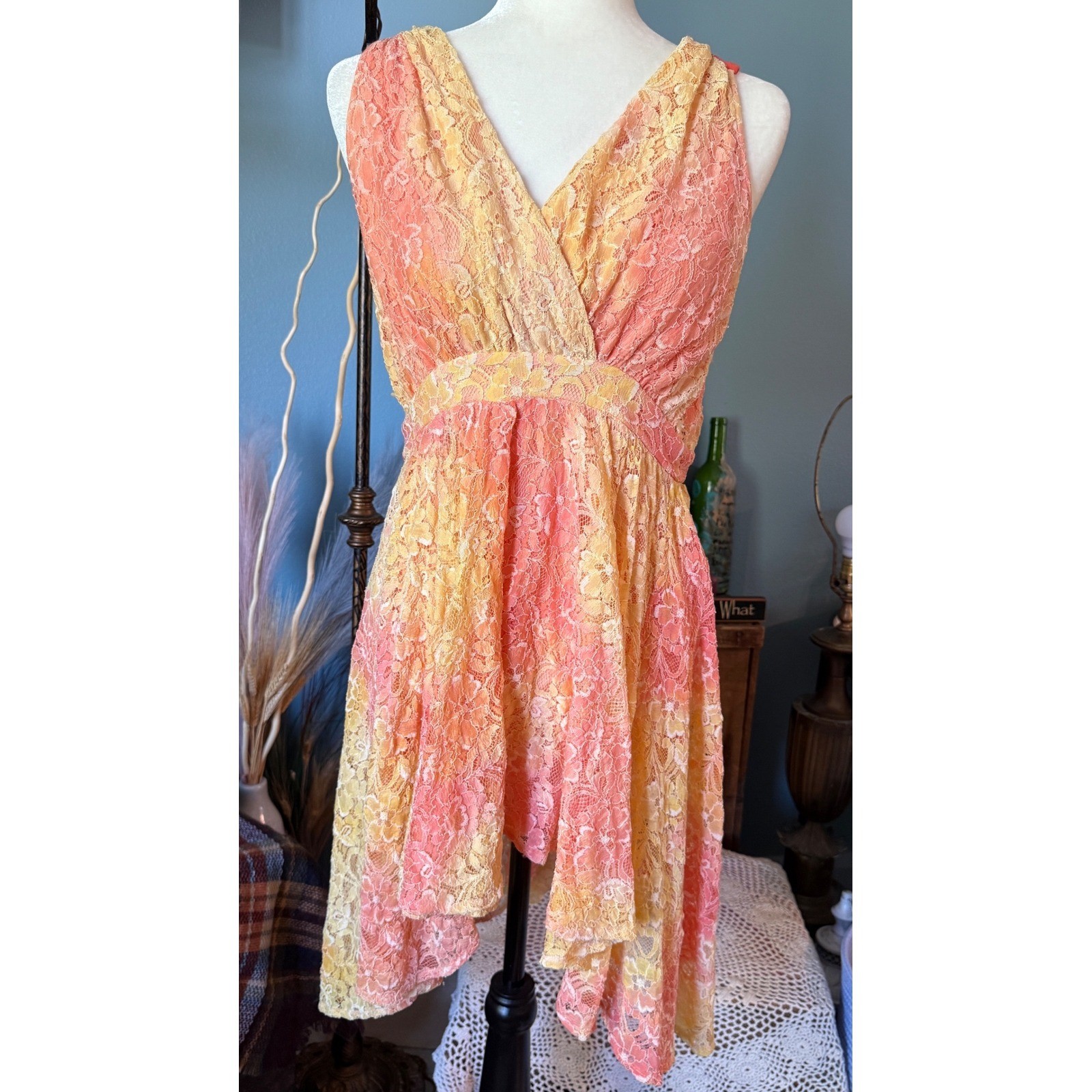 Yellow Orange Ombre Lace High Low Open Back BoHo Fairycore Ethereal Romantic S