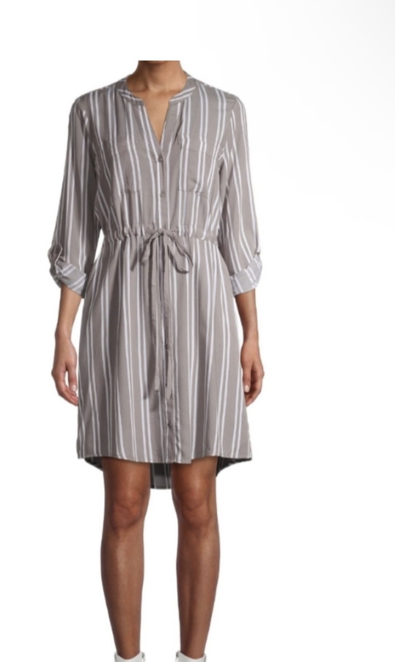 Time and Tru Women’s Gray Taupe White Stripe Relaxed Fit Shirt Dress, Medium