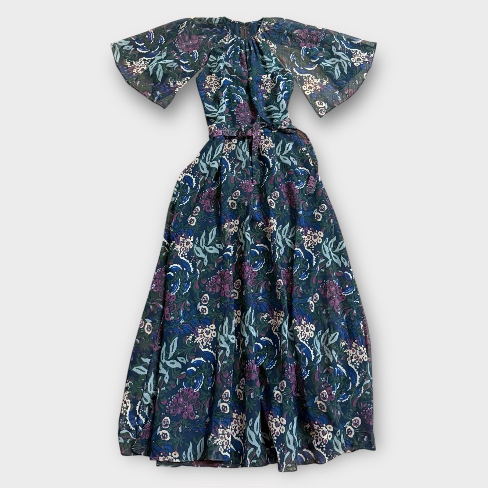 True Vintage 1960s Bob Papell Maxi Dress Cape Sleeves Vineyard Inspired Print