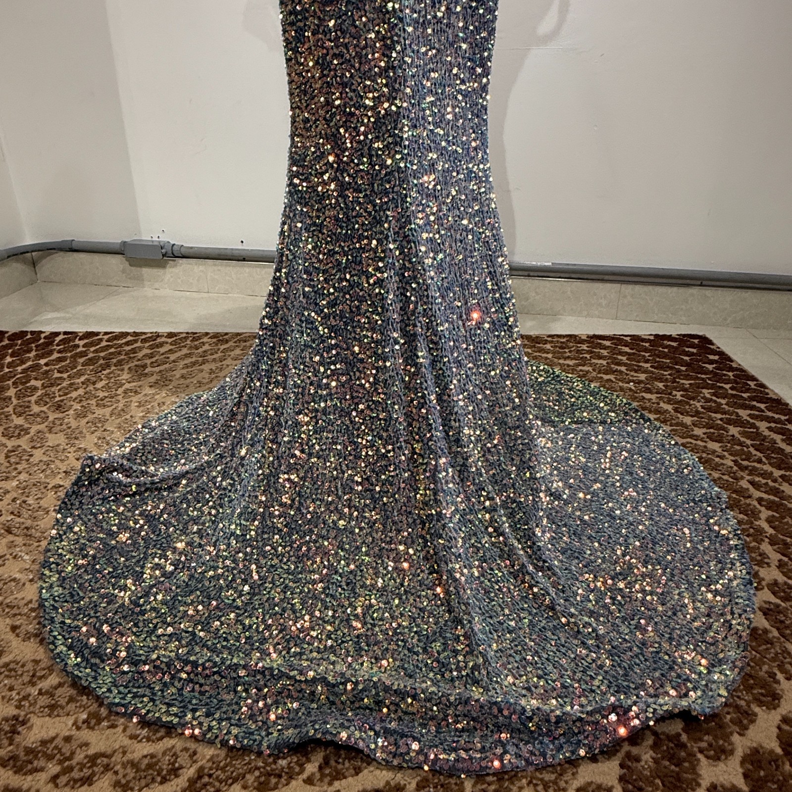Stella Couture Multicolor Sequin Off Shoulder Mermaid Gown High Slit Train