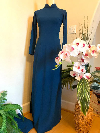 Blue Ao Dai Chiffon Double Layer Vietnamese Long Dress with Matching Pants G62