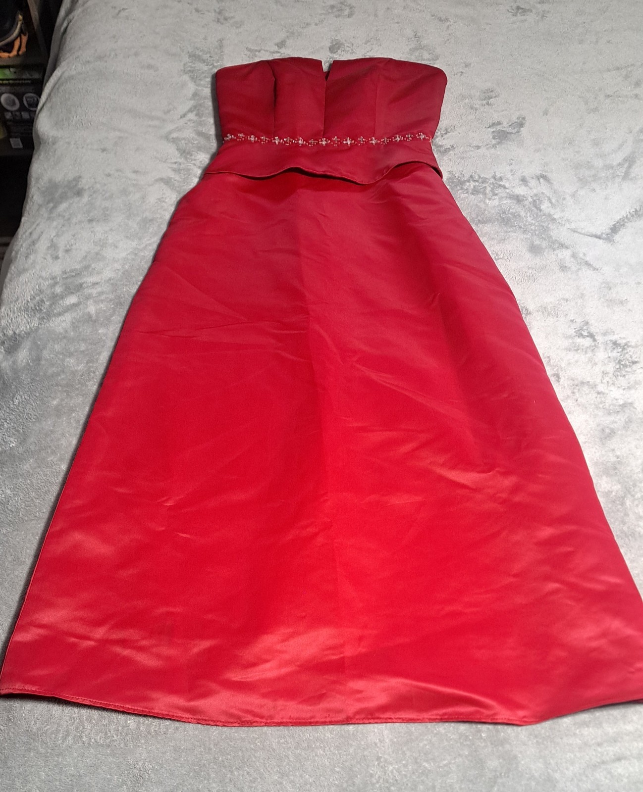 Belsoie Red Cocktail/Evening Dress With Silver Beaded Waist Size 8