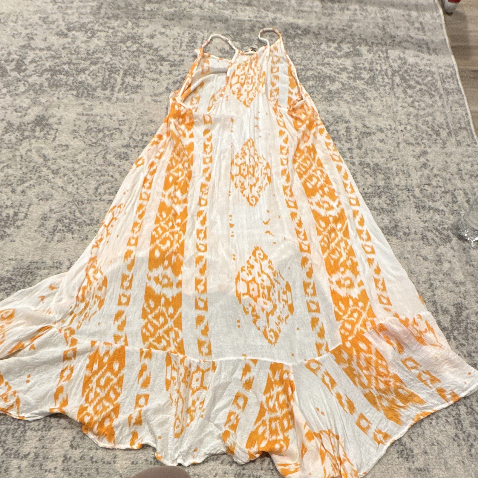 Lagaci White Orange Geometric Spaghetti Strap Ruffle Maxi Dress Rayon M