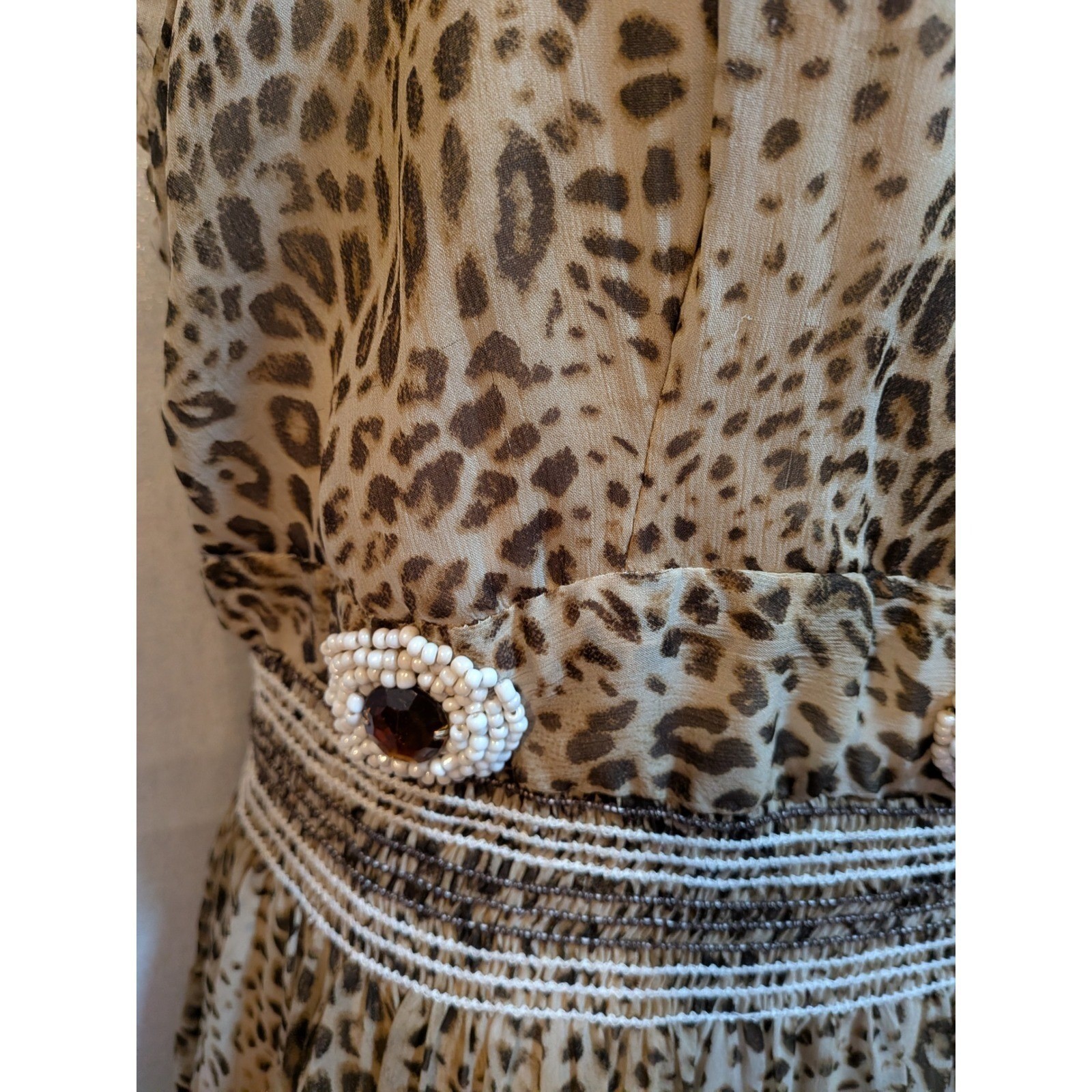 Boho Leopard Smocked Beads Chiffon Summer Ruffles Chiffon Flowy 1X Midi Dress