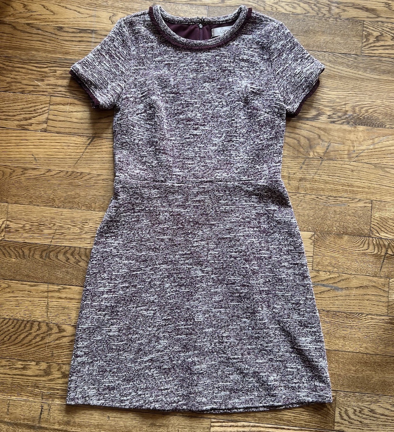 LOFT Marled Plum Purple Knit Mini Dress Fringe Trim Back Zip Size 4