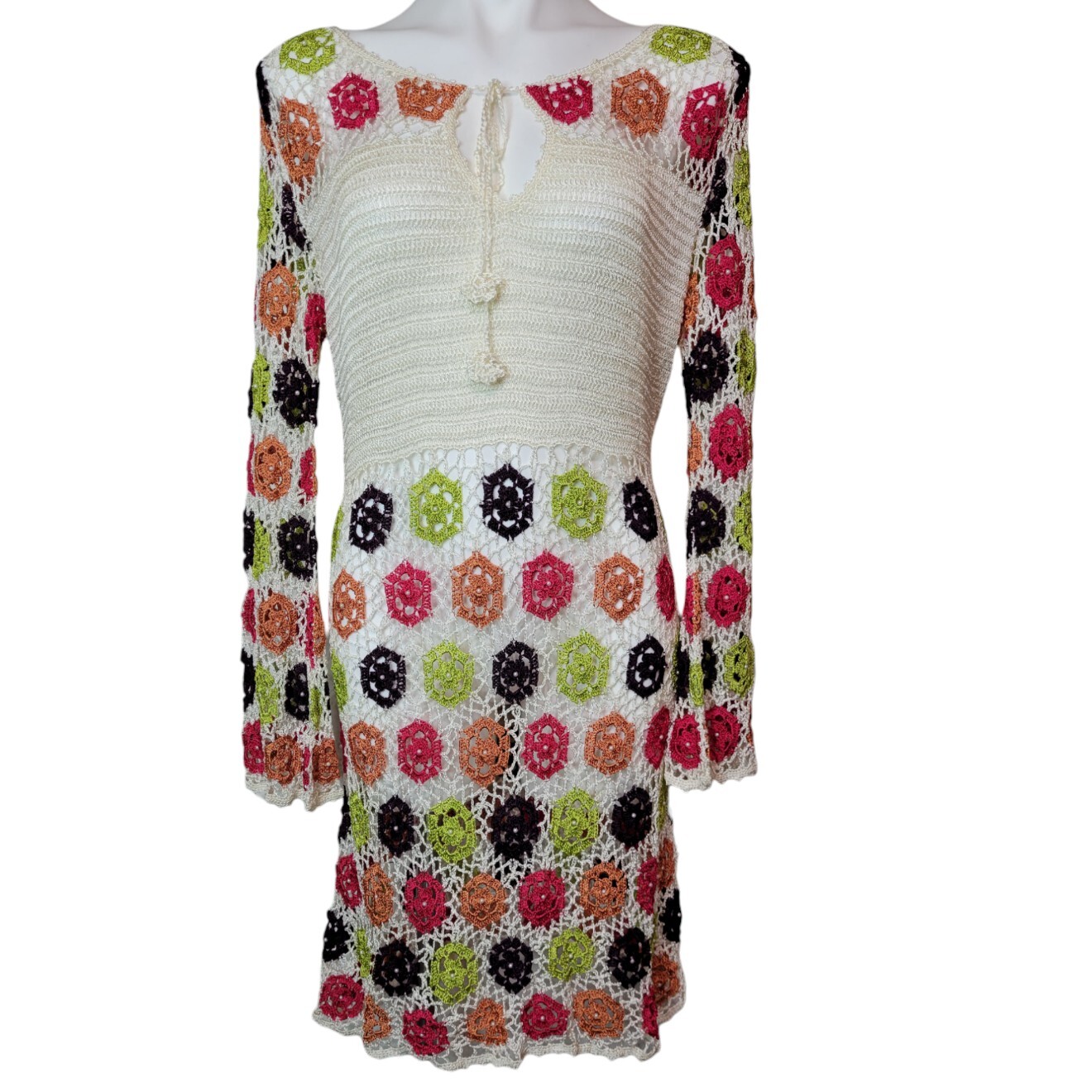 Colorful Crochet Dress Beaded Black & White Beach Boho Shabby Chic Hippie Fits M