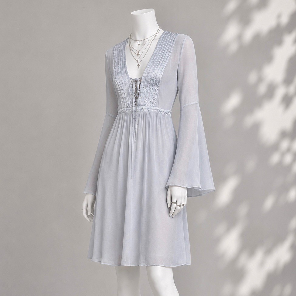 Ghost London Fairy Dress M Blue Gray SHEER Bell Sleeve Ren Faire Boho Mini