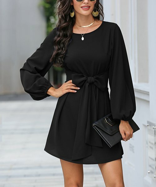 Women Black Dress Tie Waist Black Color Long Sleeves Size Small Elastic Cuffs