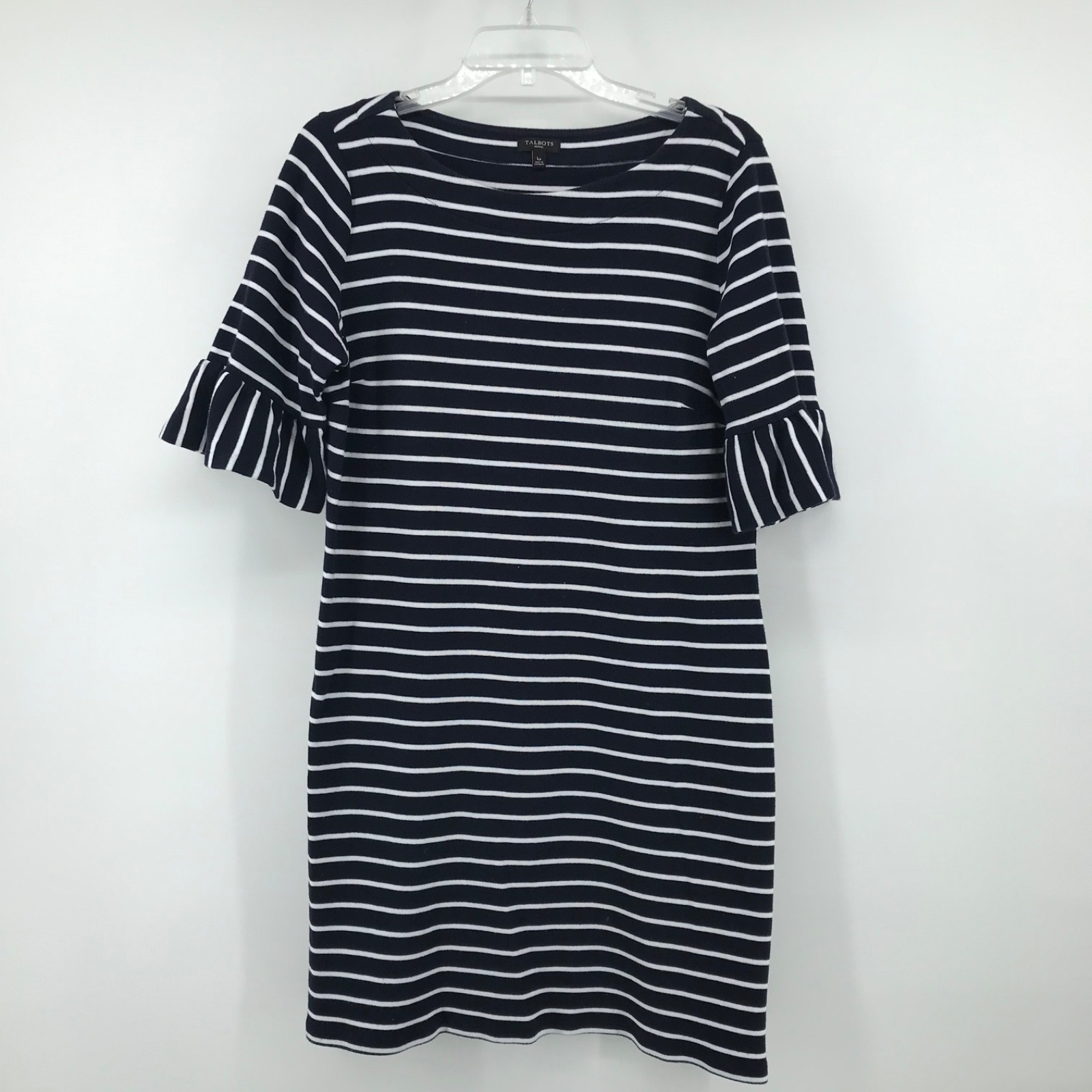 Talbots Women’s Navy Blue White Striped Sweater Dress 3/4 Bell Sleeves Size LP