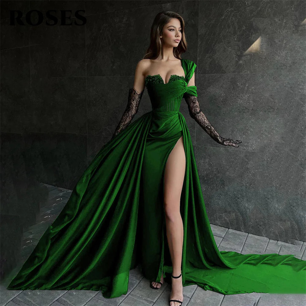 Red Side High Split Mermaid Evening Dresses One Shoulder Prom Dresses Stain
