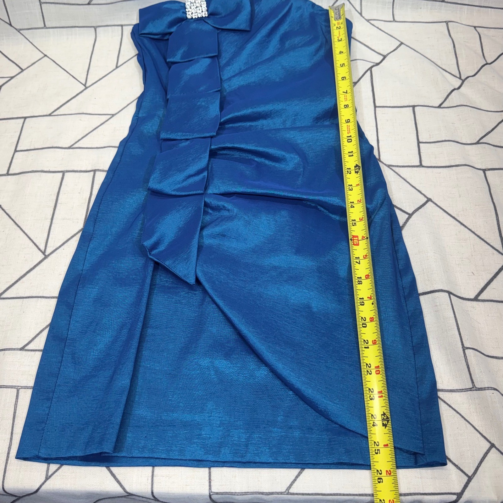 Teeze Me Blue Strapless Rhinestone Bow Ruched Mini Dress Size 7 Style 46709221